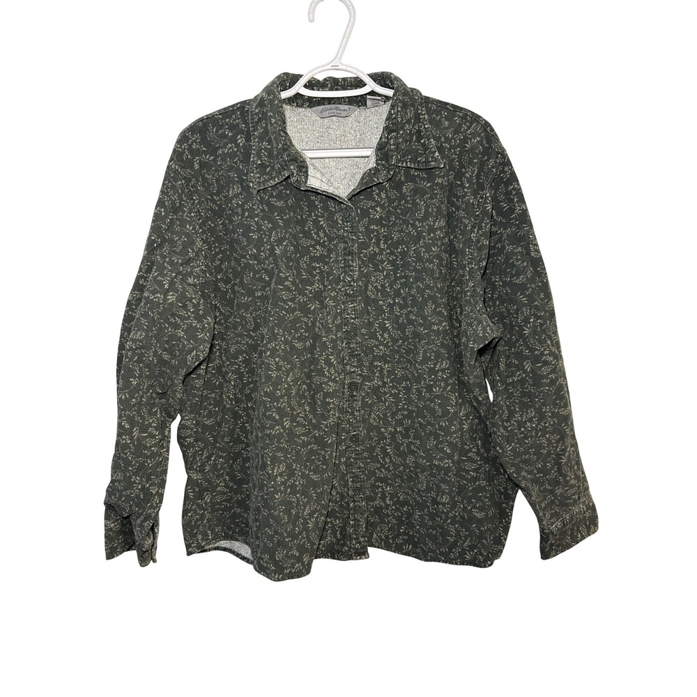 Eddie‎ Bauer Corduroy Button Up Shirt Floral Print Green Womens XXL Casual Retro